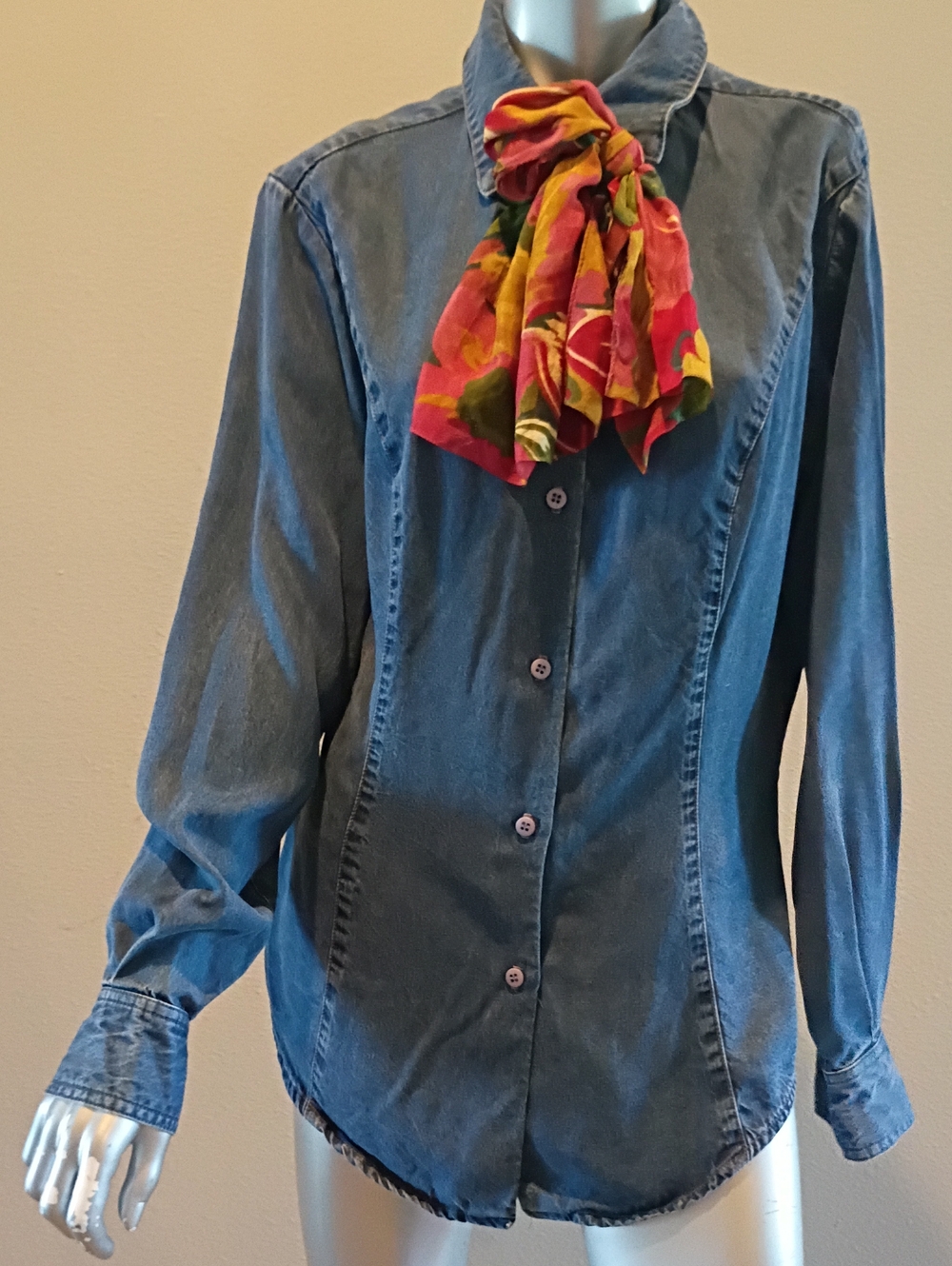 Double D Ranch-Tencel Dark Denim Blue Tailored Shirt Vintage Size M Boho Wow!
